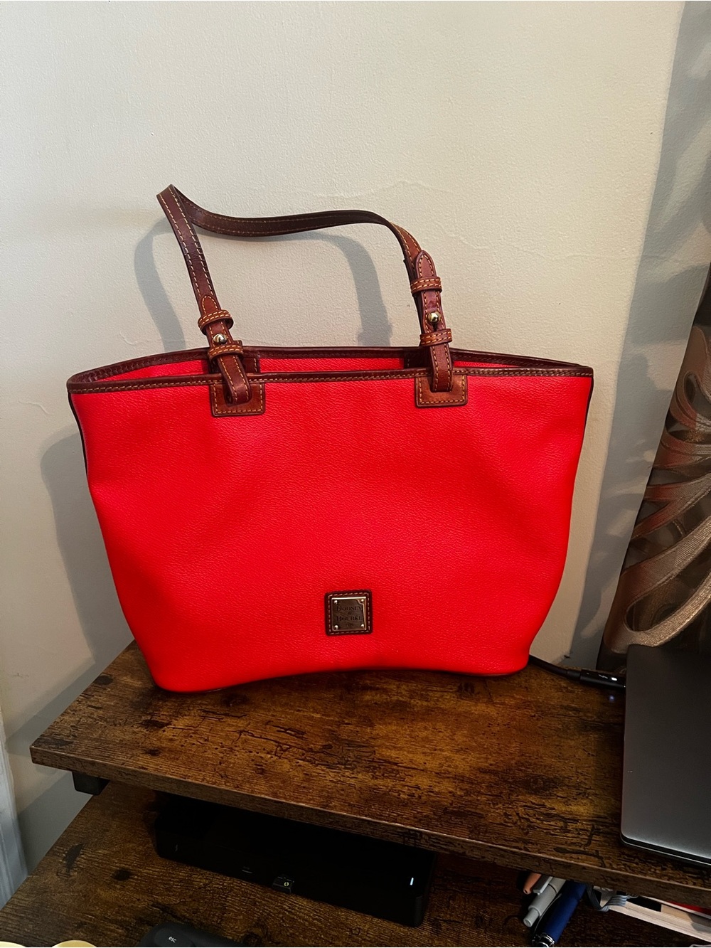 Dooney & Bourke Bright Red Pebbled Leather Tote with Brown Trim - Picture 2 of 7